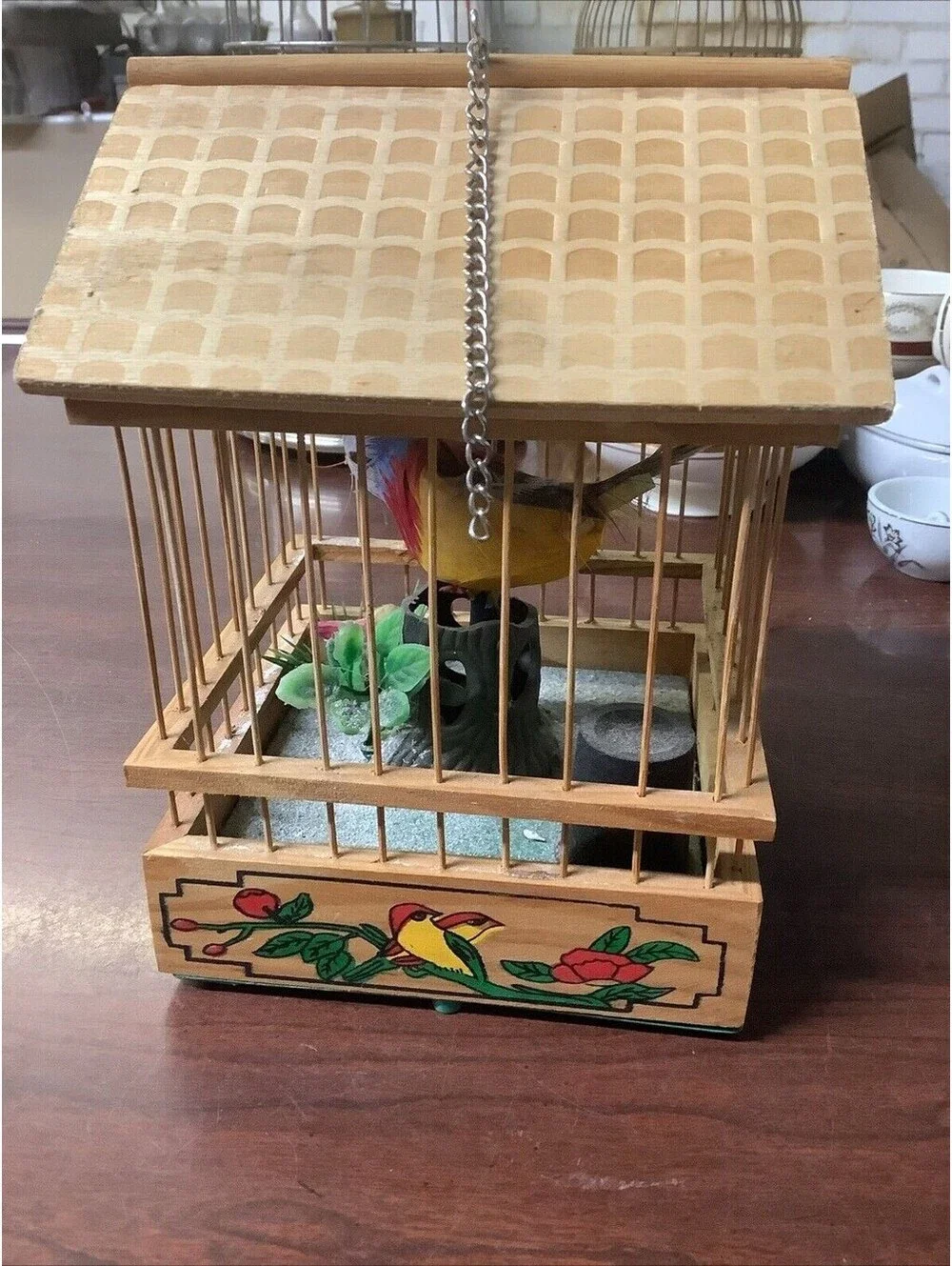 Vintage Singing Bird in Wooden “Jaula pajaro” Cage Battery Operated~Works!